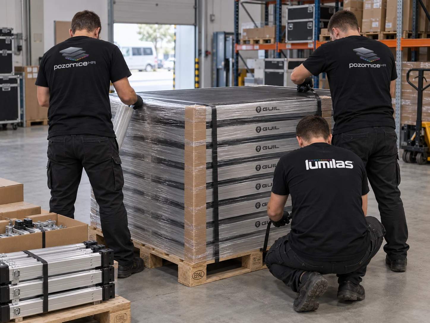 The team packing GUIL stage decks on a pallet