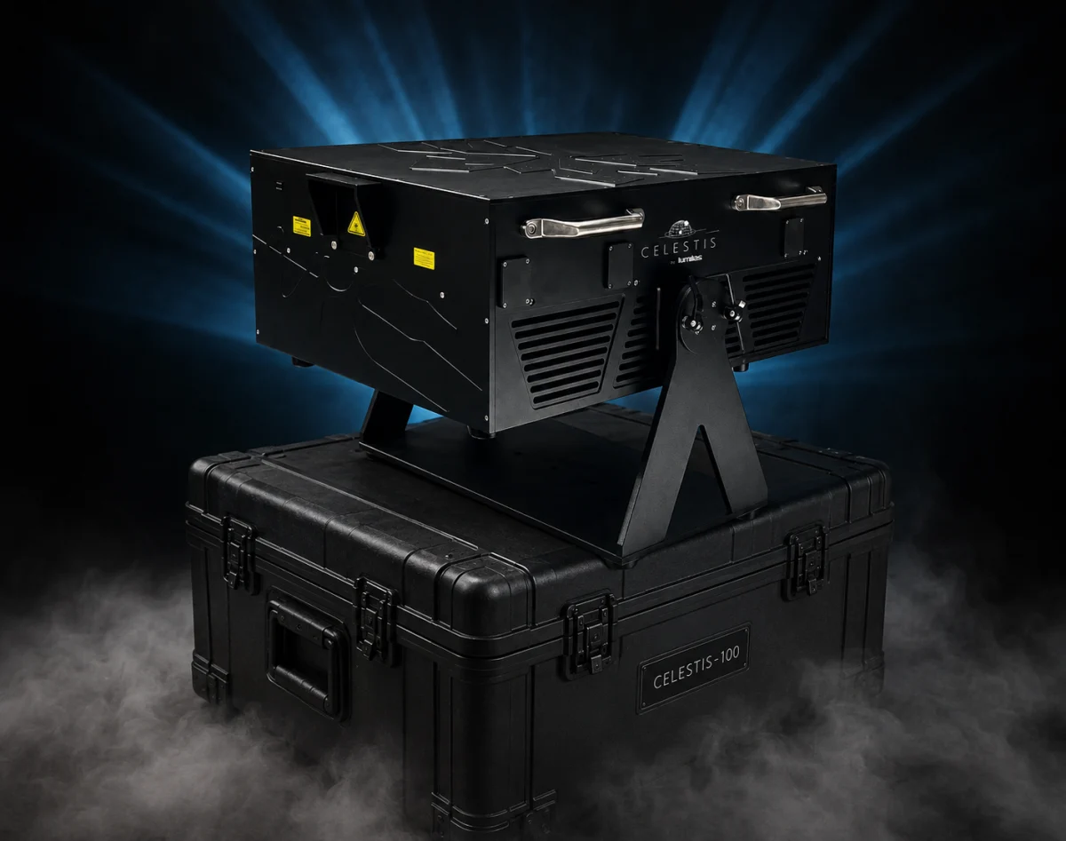 CELESTIS 100 / housing on a transport case with background laser scenography