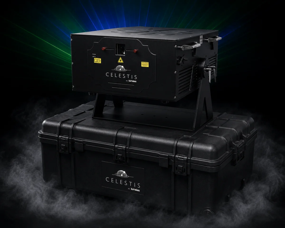 CELESTIS 160 / housing on a transport case with background laser scenography