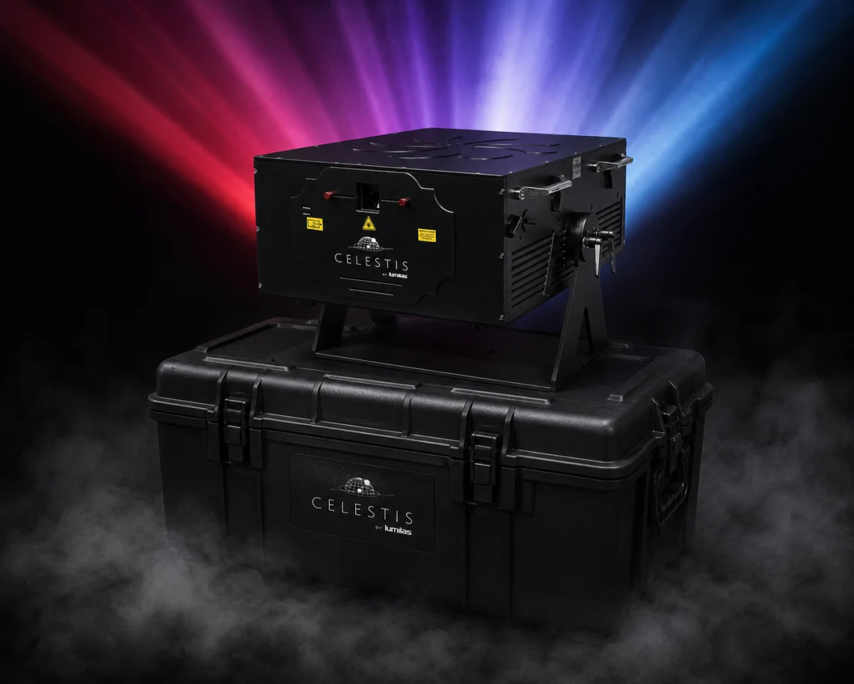 CELESTIS 200 / housing on a transport case with background laser scenography